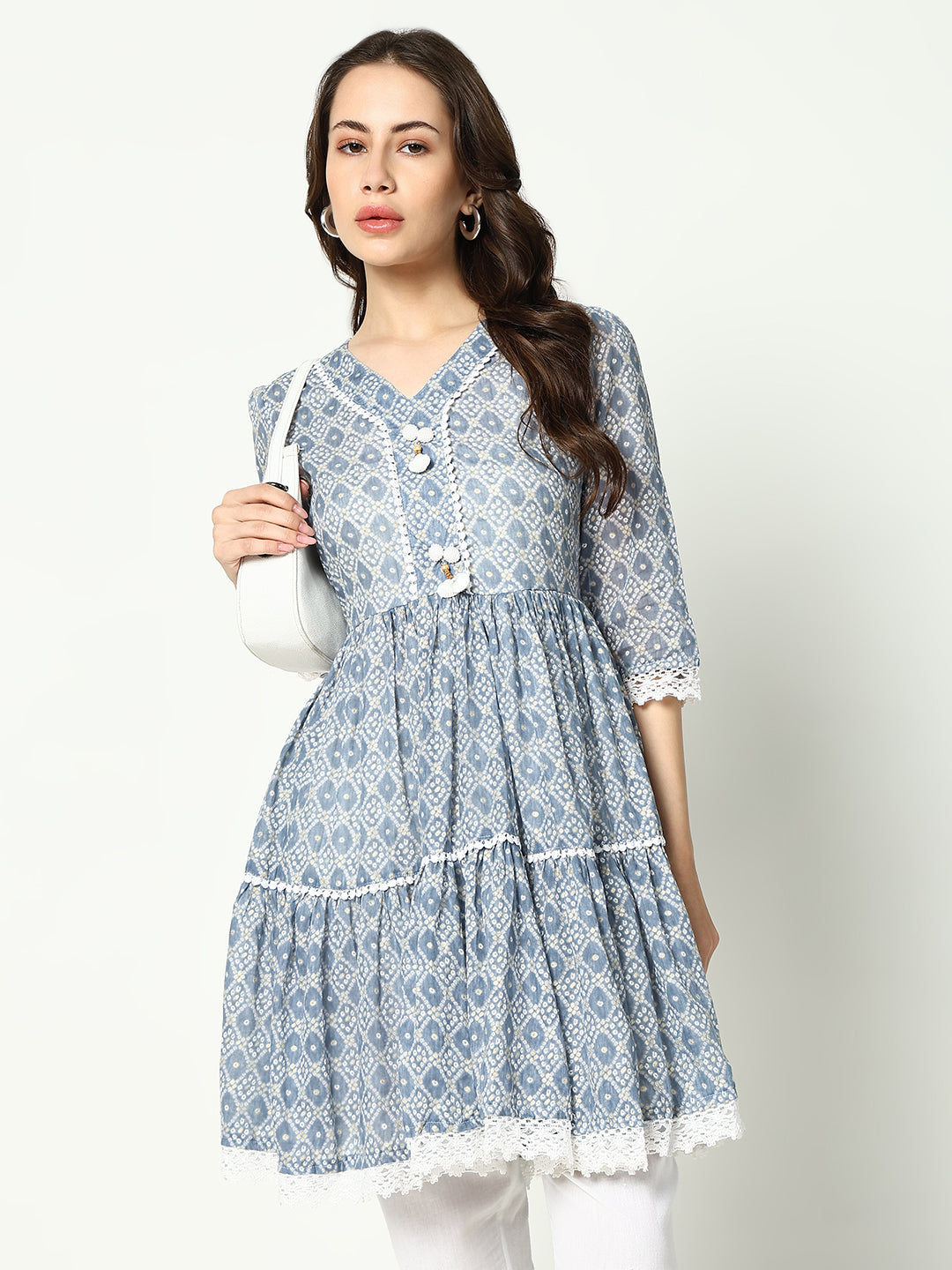 Women V-Neck Printed Empire Blue Kurti