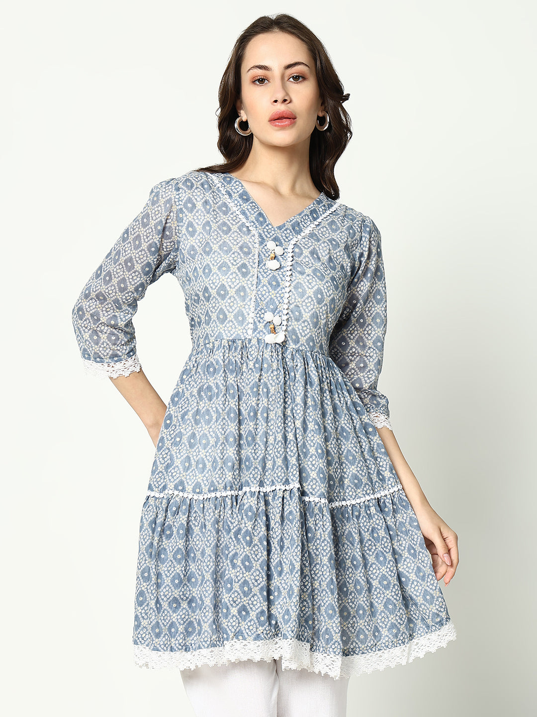 Women V-Neck Printed Empire Blue Kurti