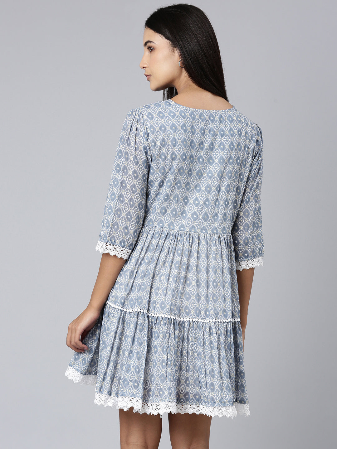 Women V-Neck Printed Empire Blue Dress