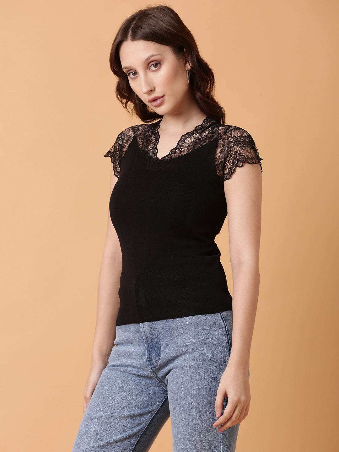 Women Black Solid Fitted Top