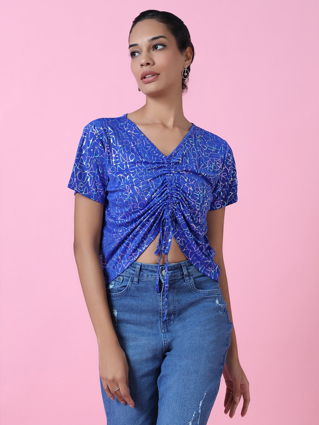 Women Blue Graphic Ruched Top