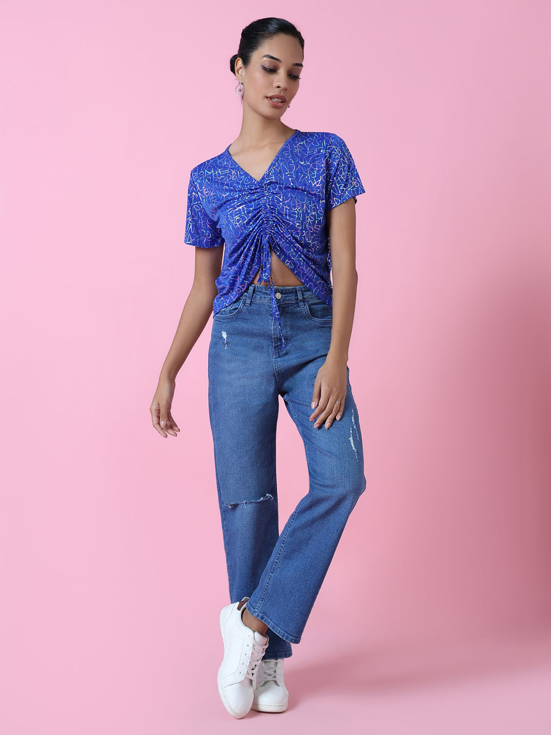 Women Blue Graphic Ruched Top