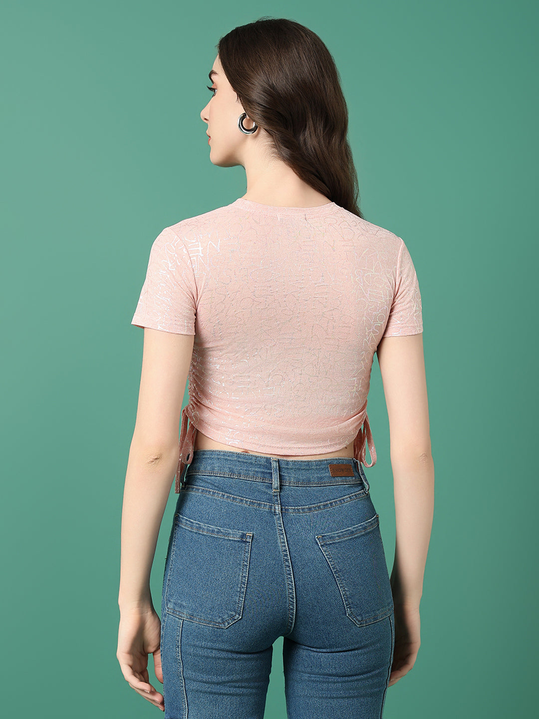 Women Peach Graphic Ruched Top