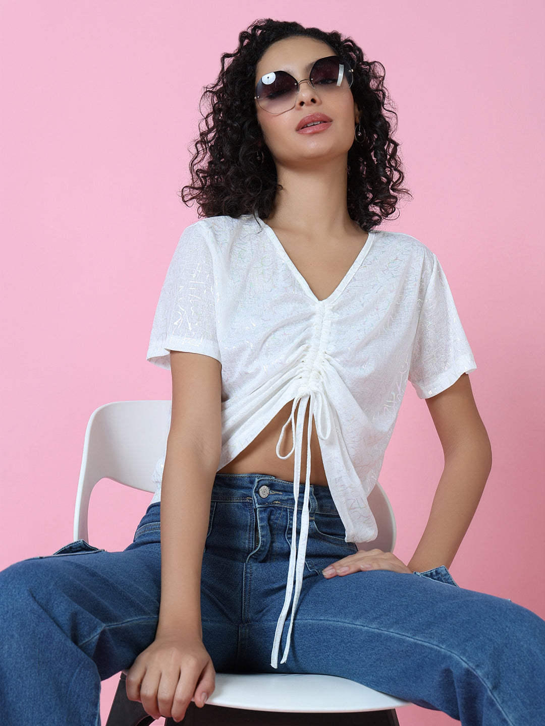 Women White Graphic Ruched Top