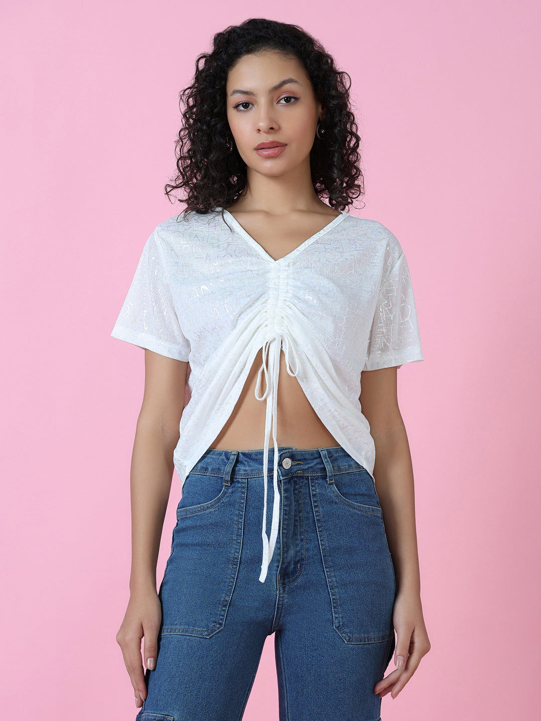 Women White Graphic Ruched Top