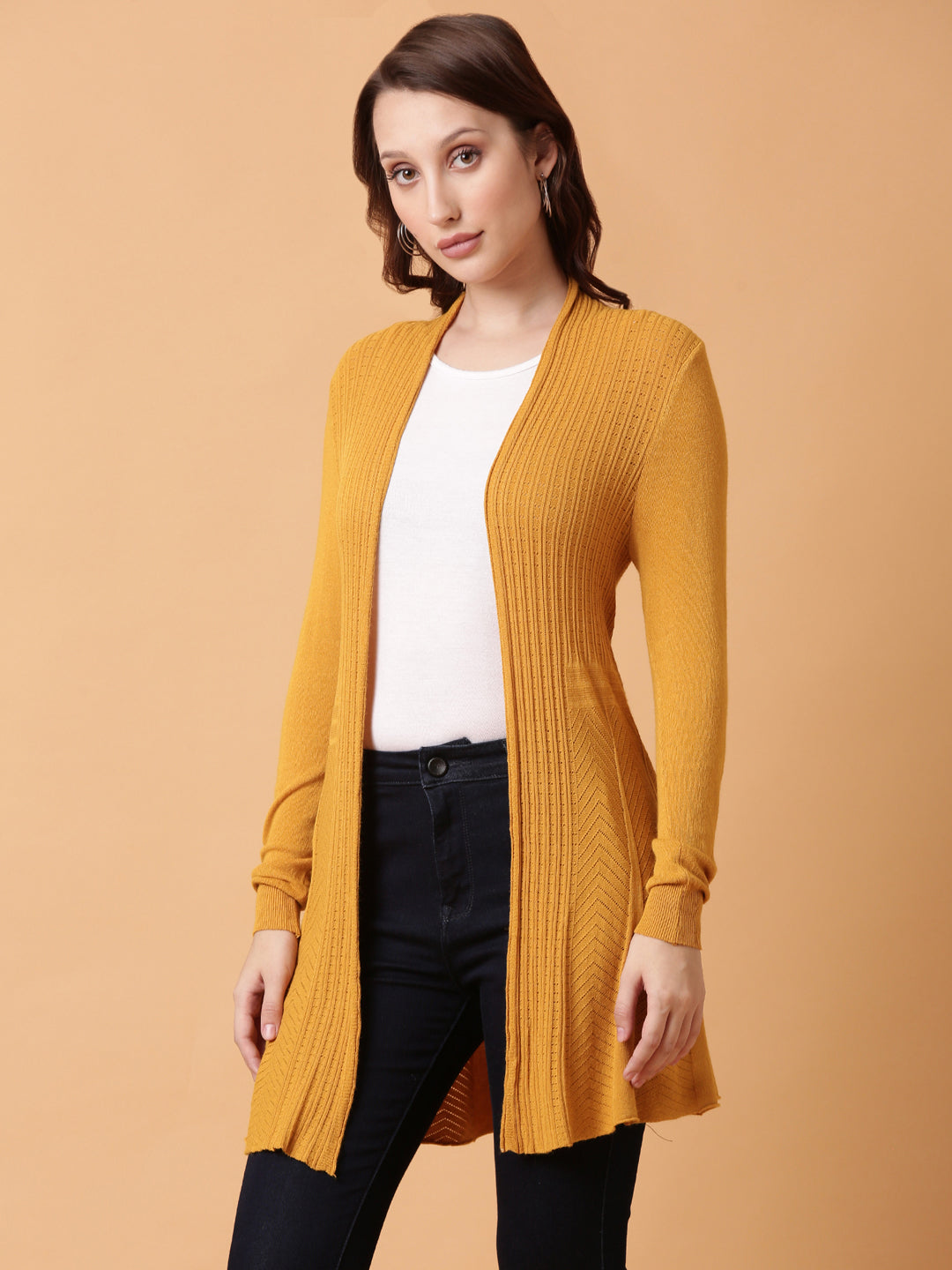 Women Mustard Solid Shrug