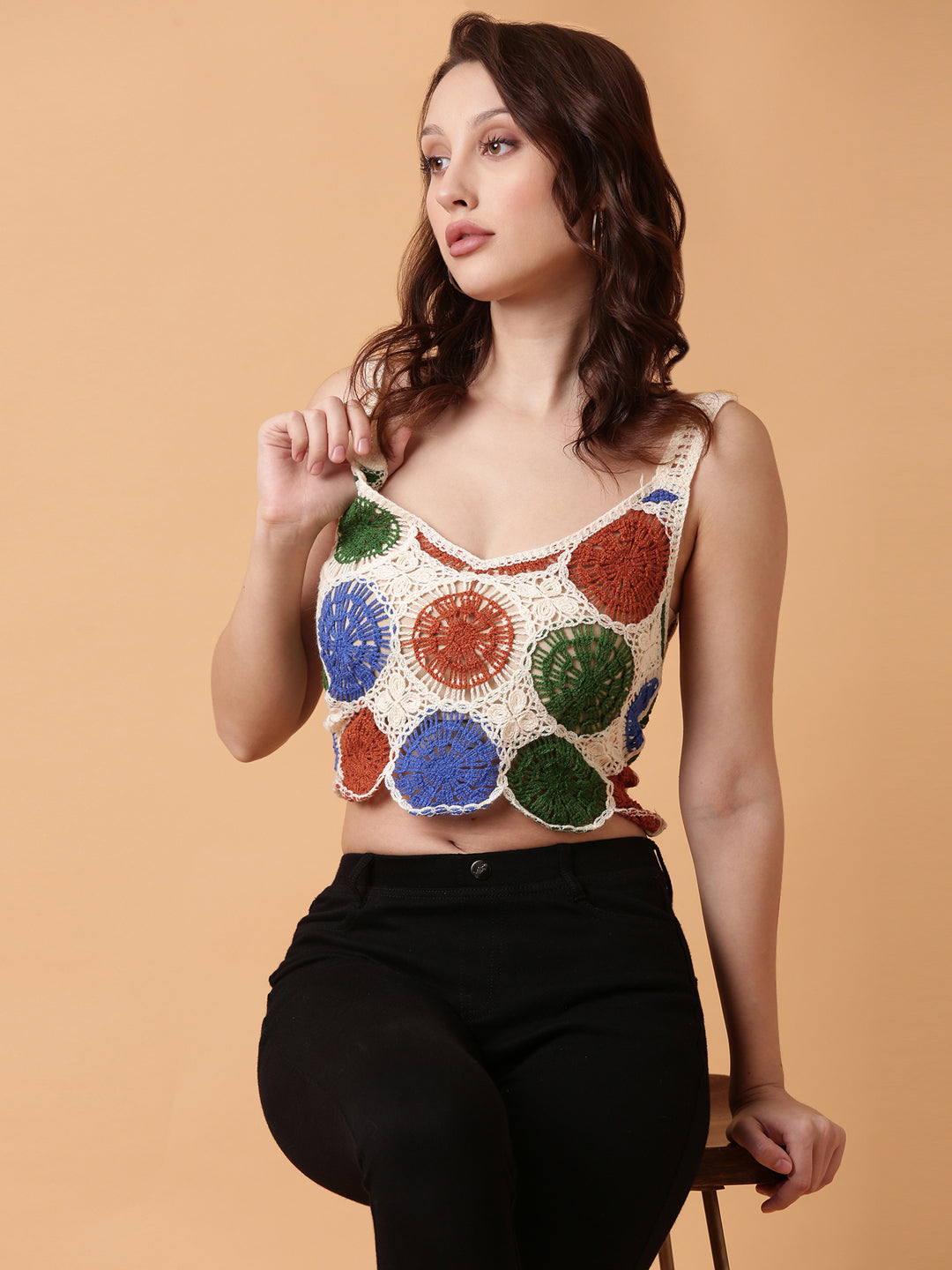 Women Brown Solid Crochet Crop Top