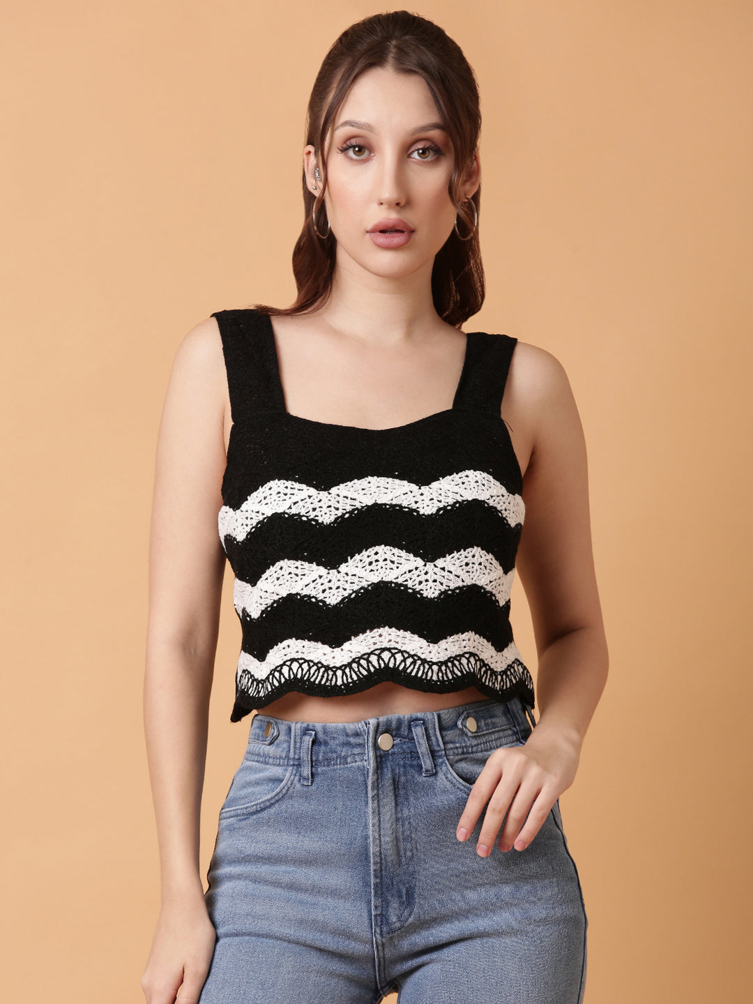 Women Black Solid Crochet Crop Top