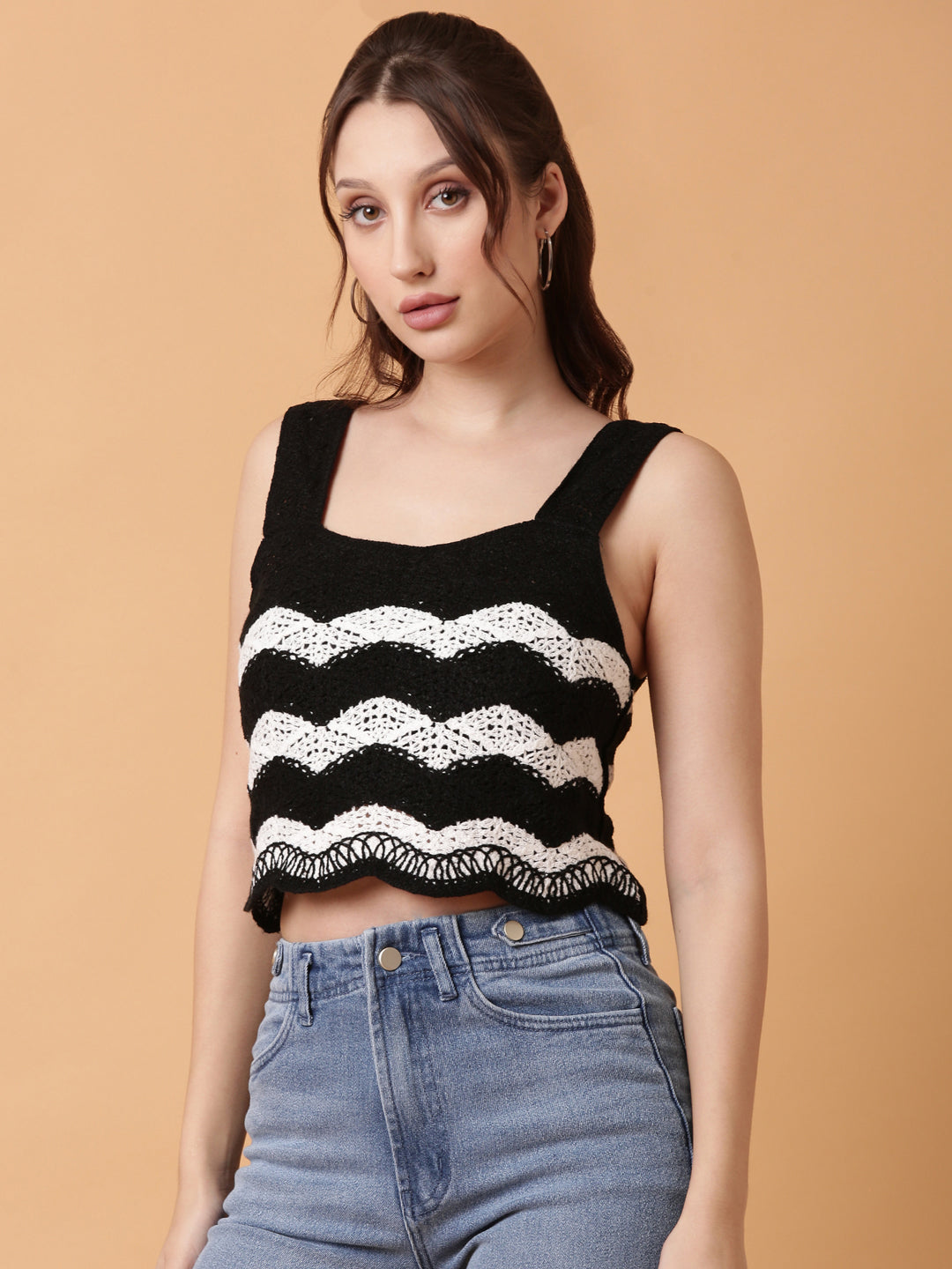 Women Black Solid Crochet Crop Top