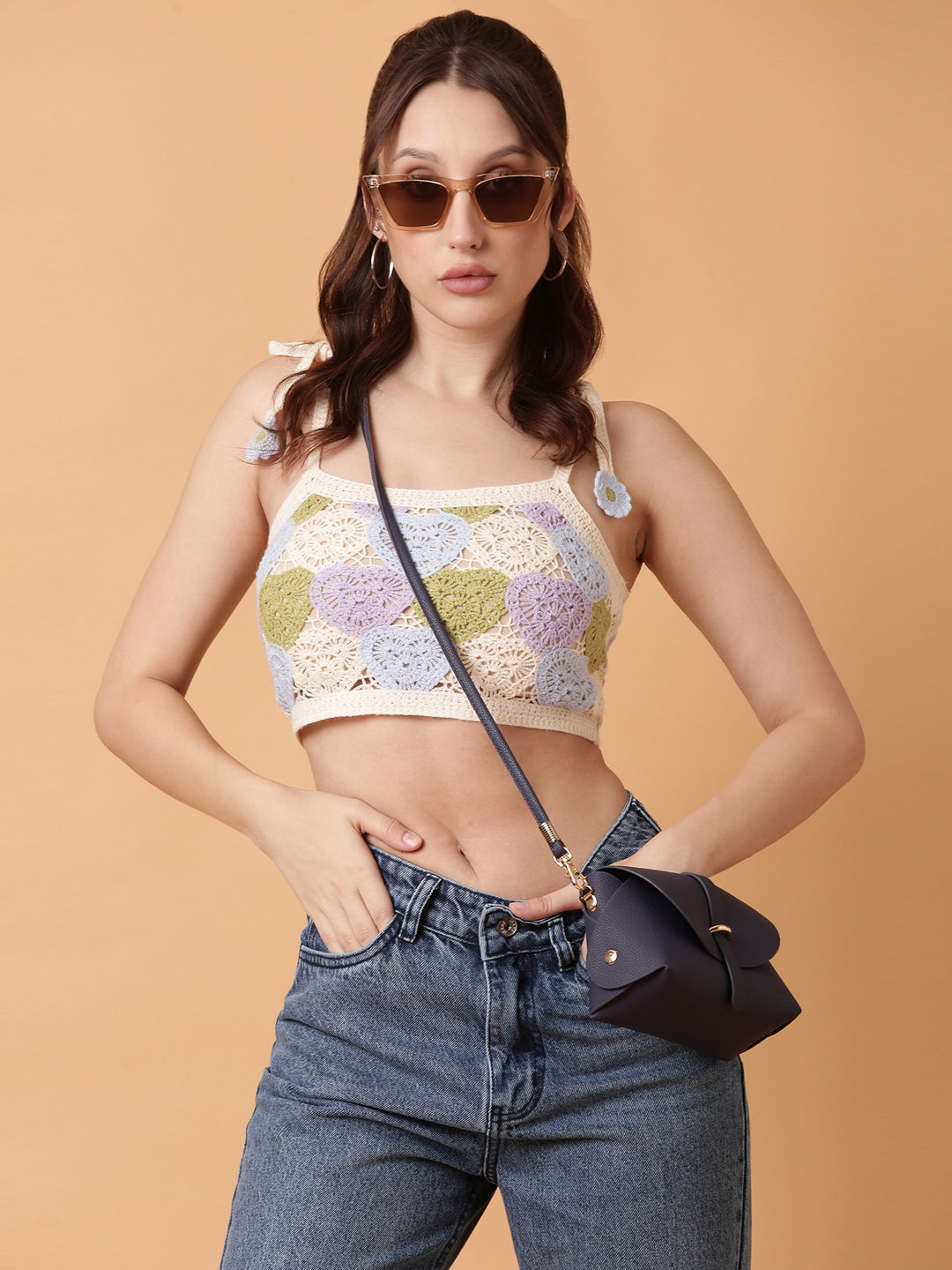 Women Blue Solid Crochet Crop Top