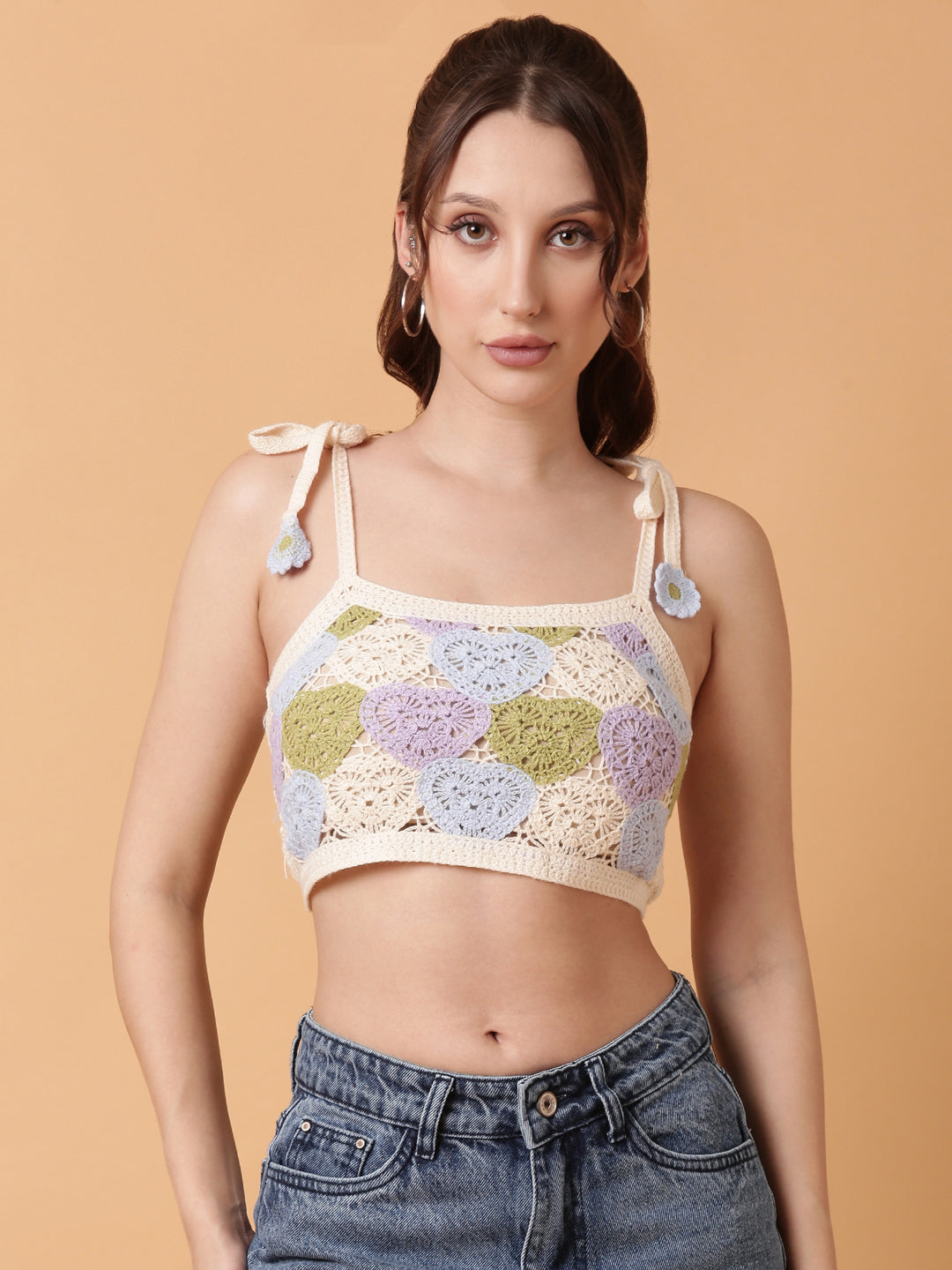 Women Blue Solid Crochet Crop Top