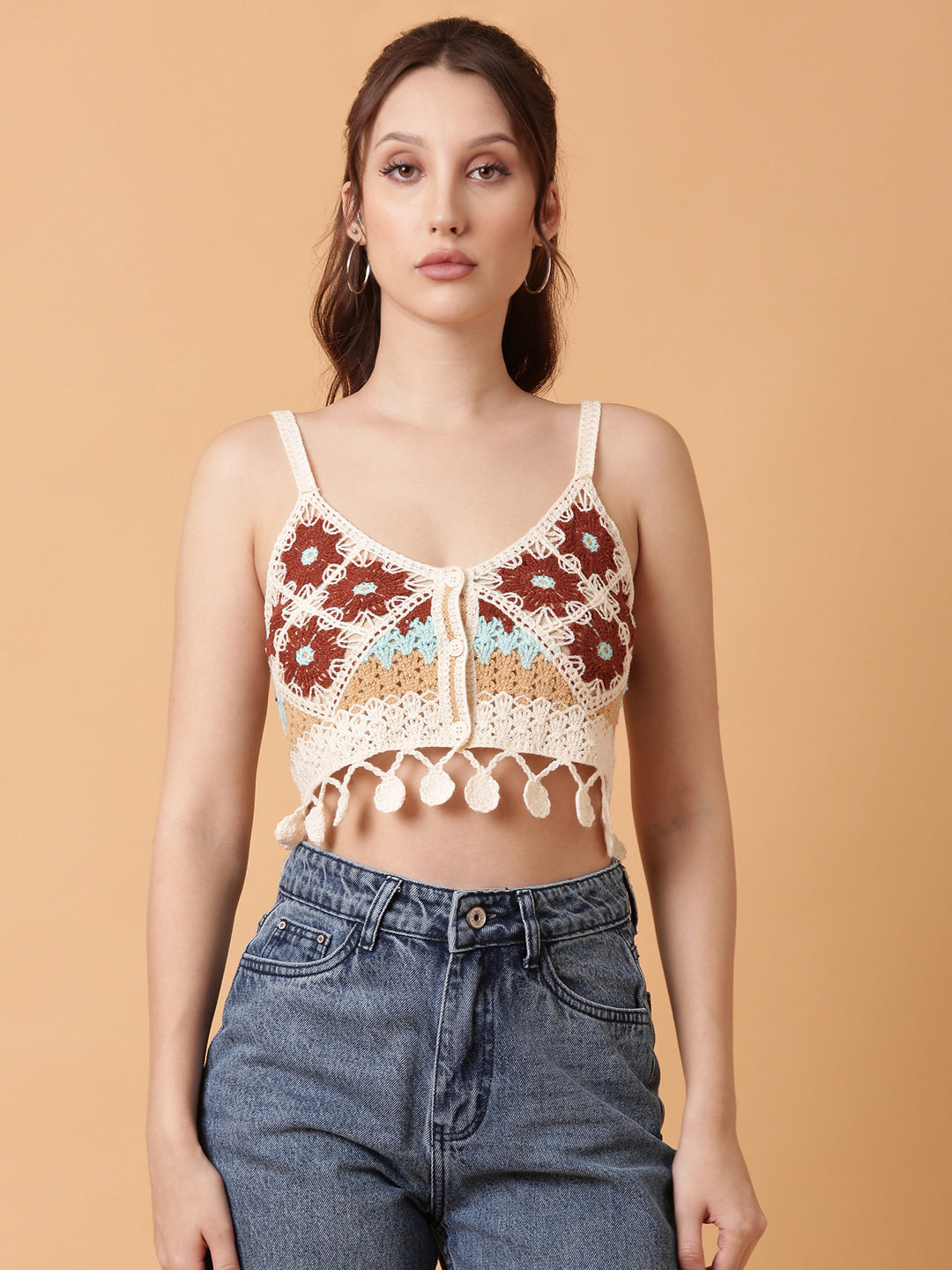 Women Brown Solid Crochet Crop Top