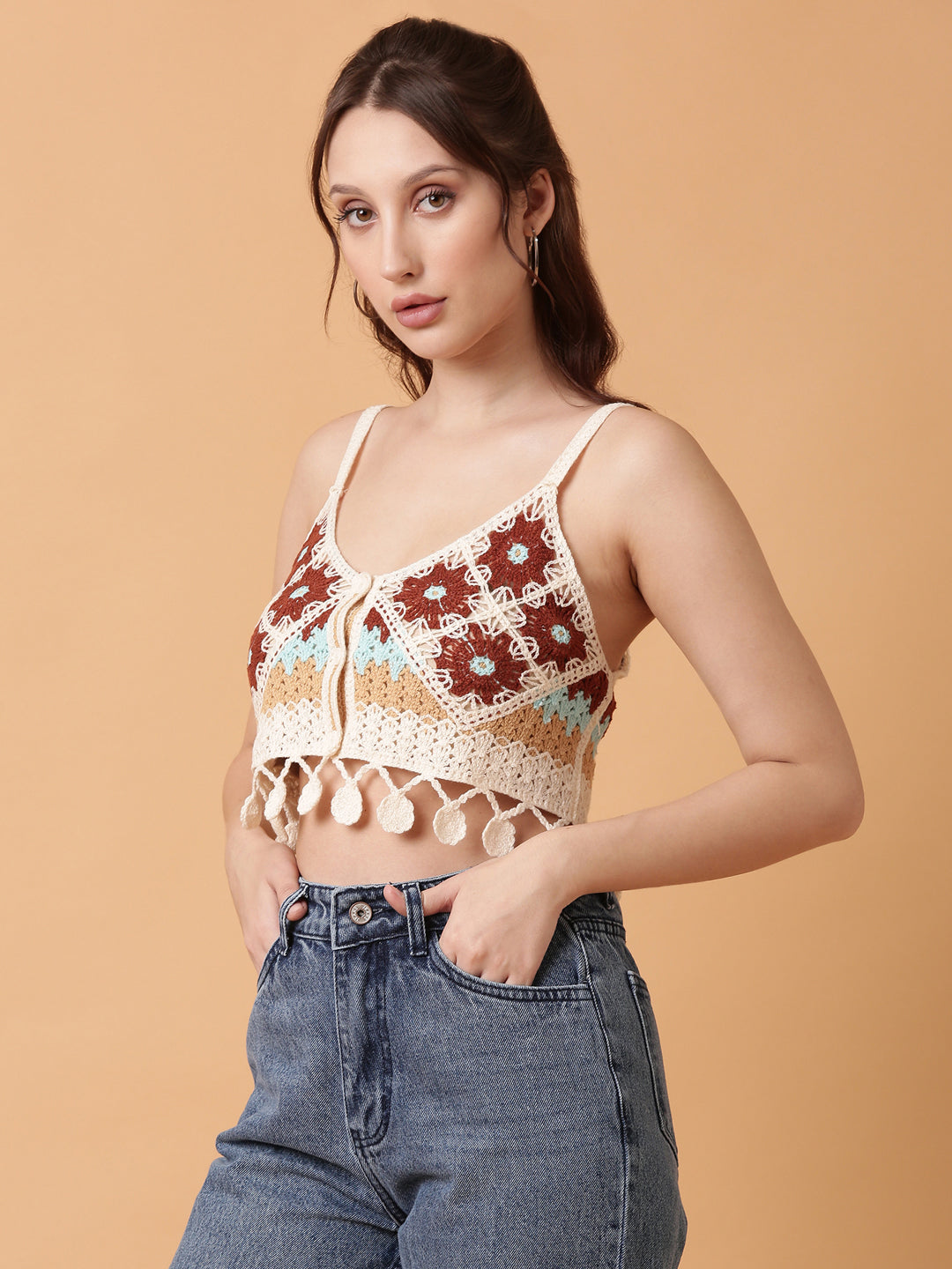 Women Brown Solid Crochet Crop Top