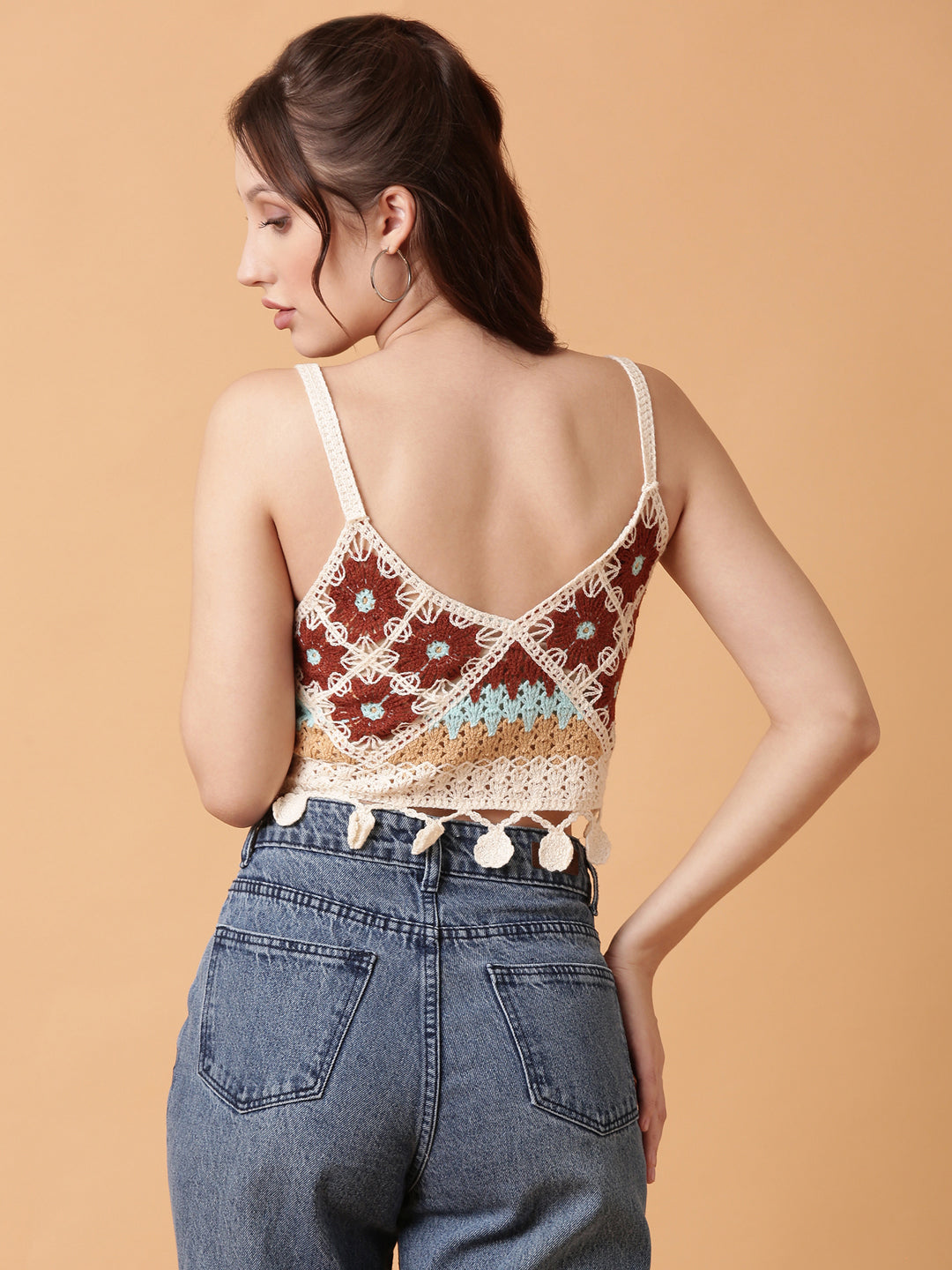 Women Brown Solid Crochet Crop Top