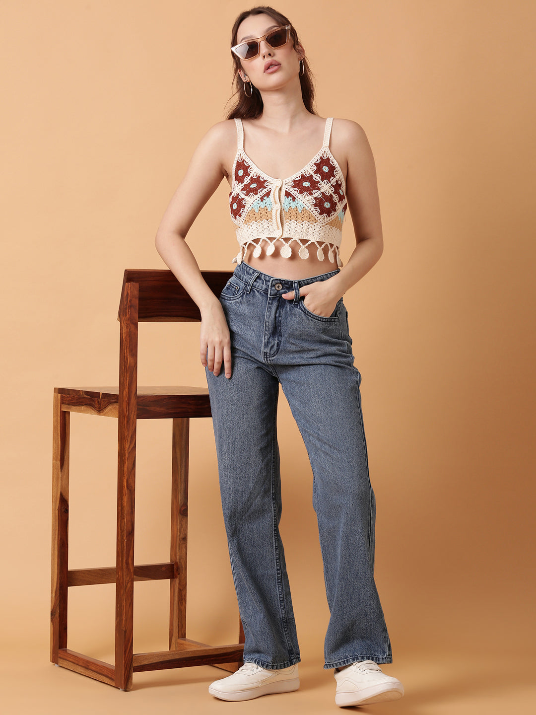 Women Brown Solid Crochet Crop Top