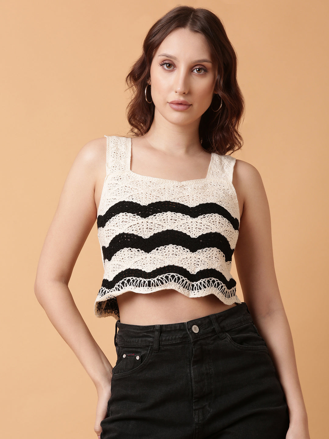 Women Cream Solid Crochet Crop Top