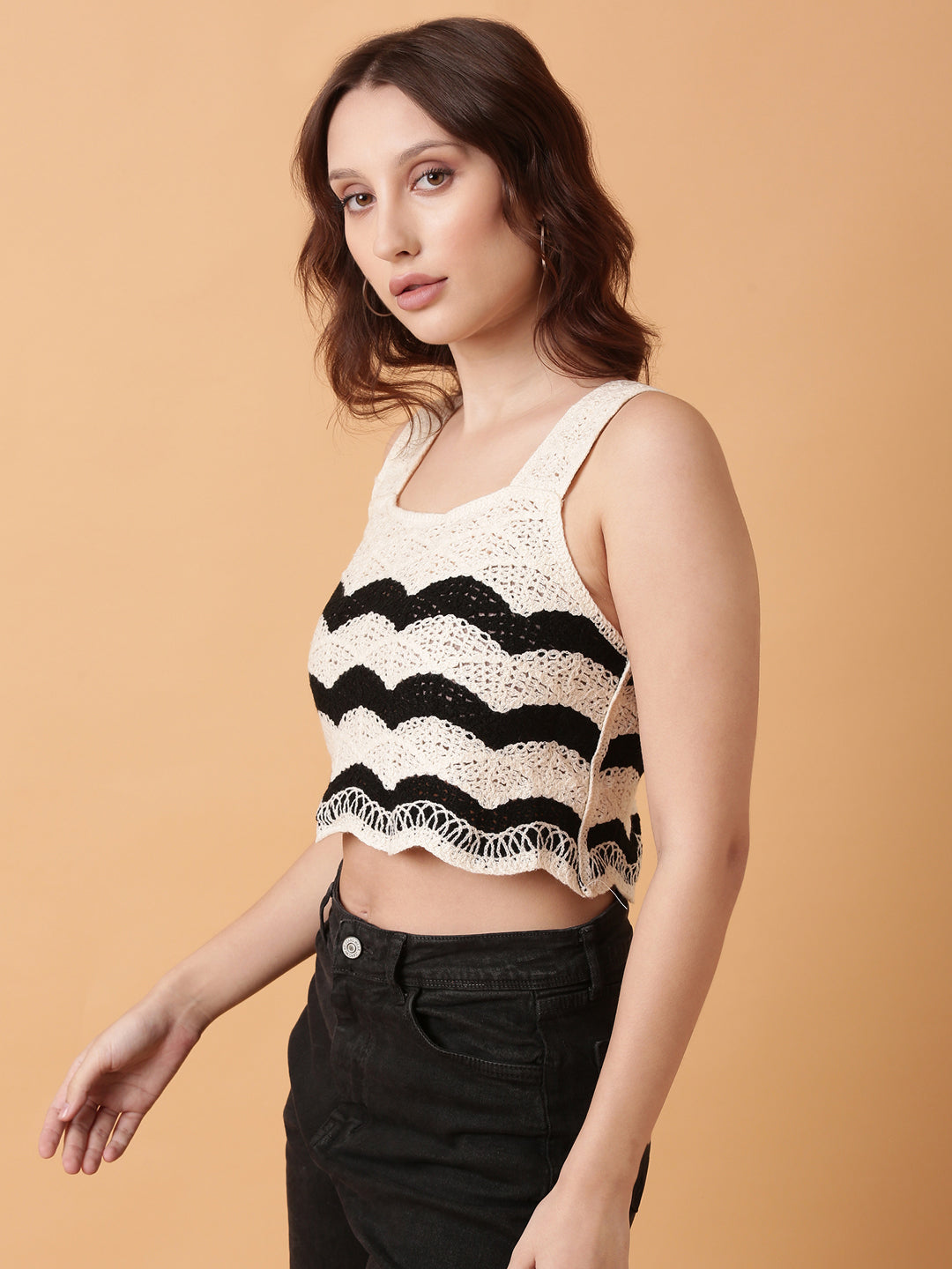 Women Cream Solid Crochet Crop Top