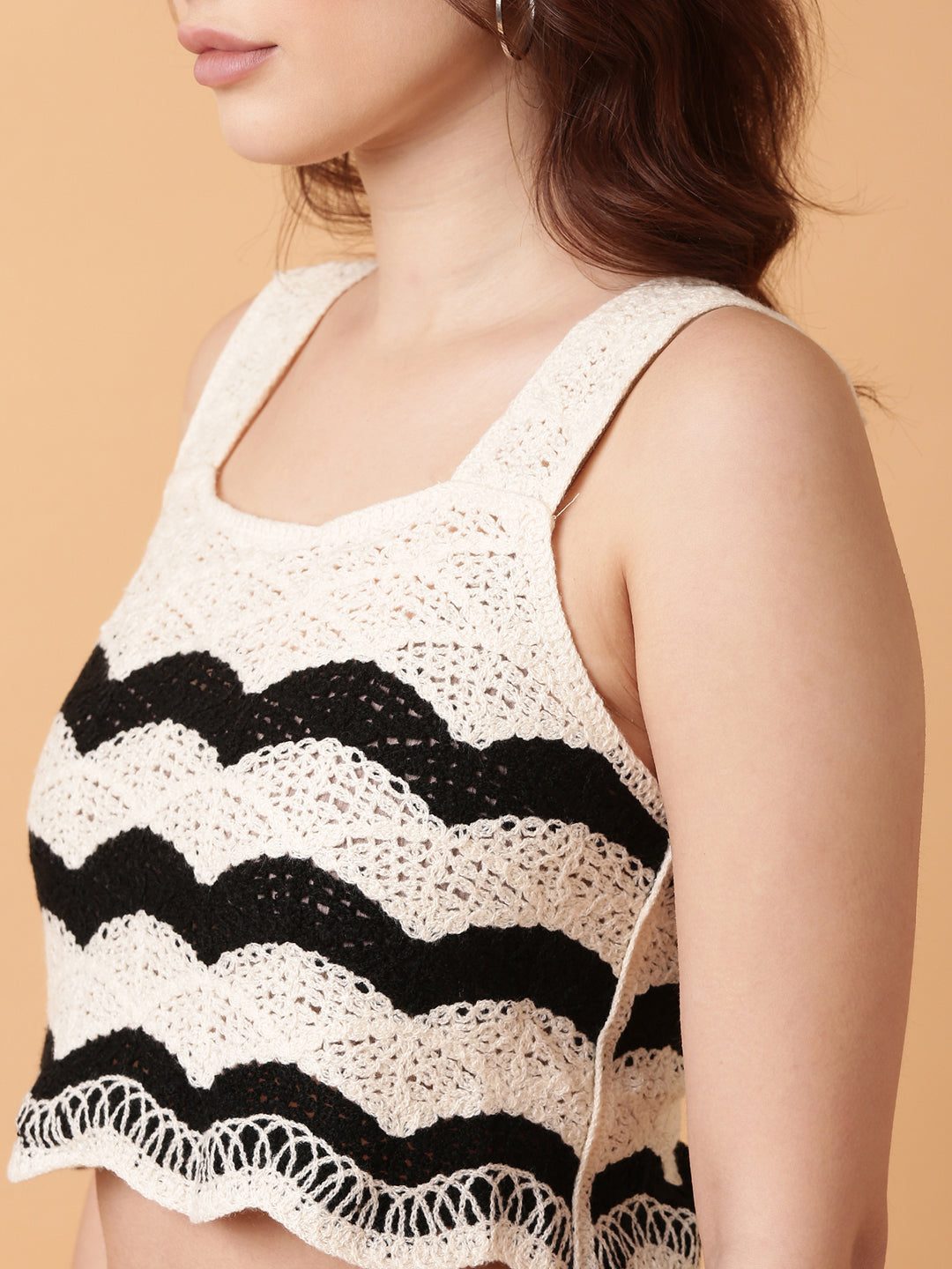 Women Cream Solid Crochet Crop Top