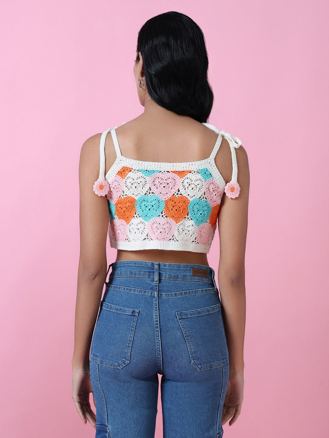 Women Pink Solid Crochet Crop Top