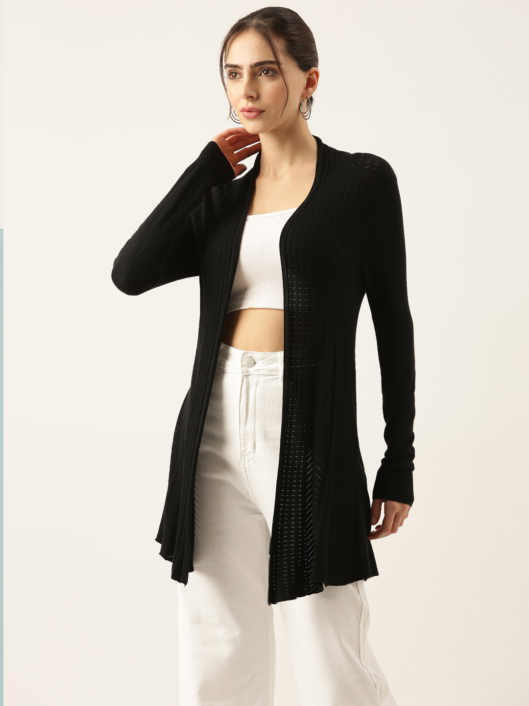 Women Black Solid Longline Shrug