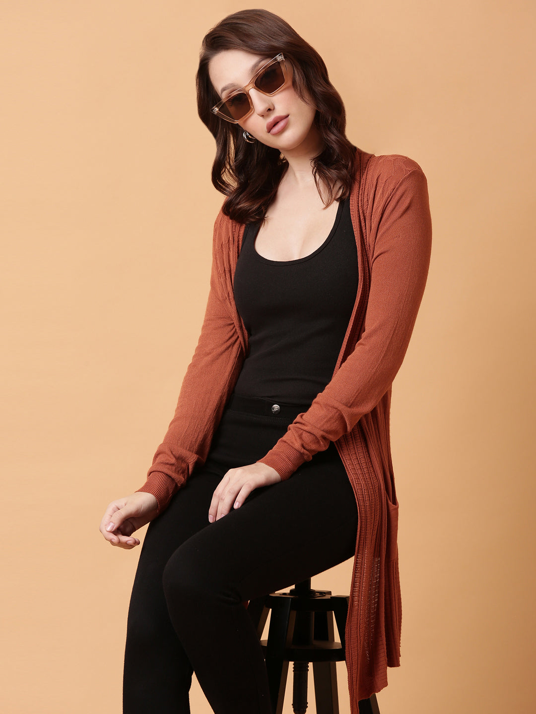 Women Rust Solid Longline Shrug