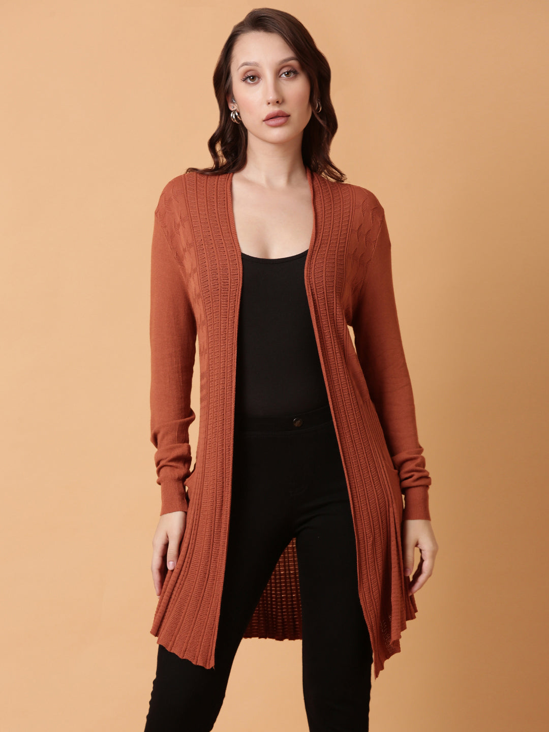 Women Rust Solid Longline Shrug