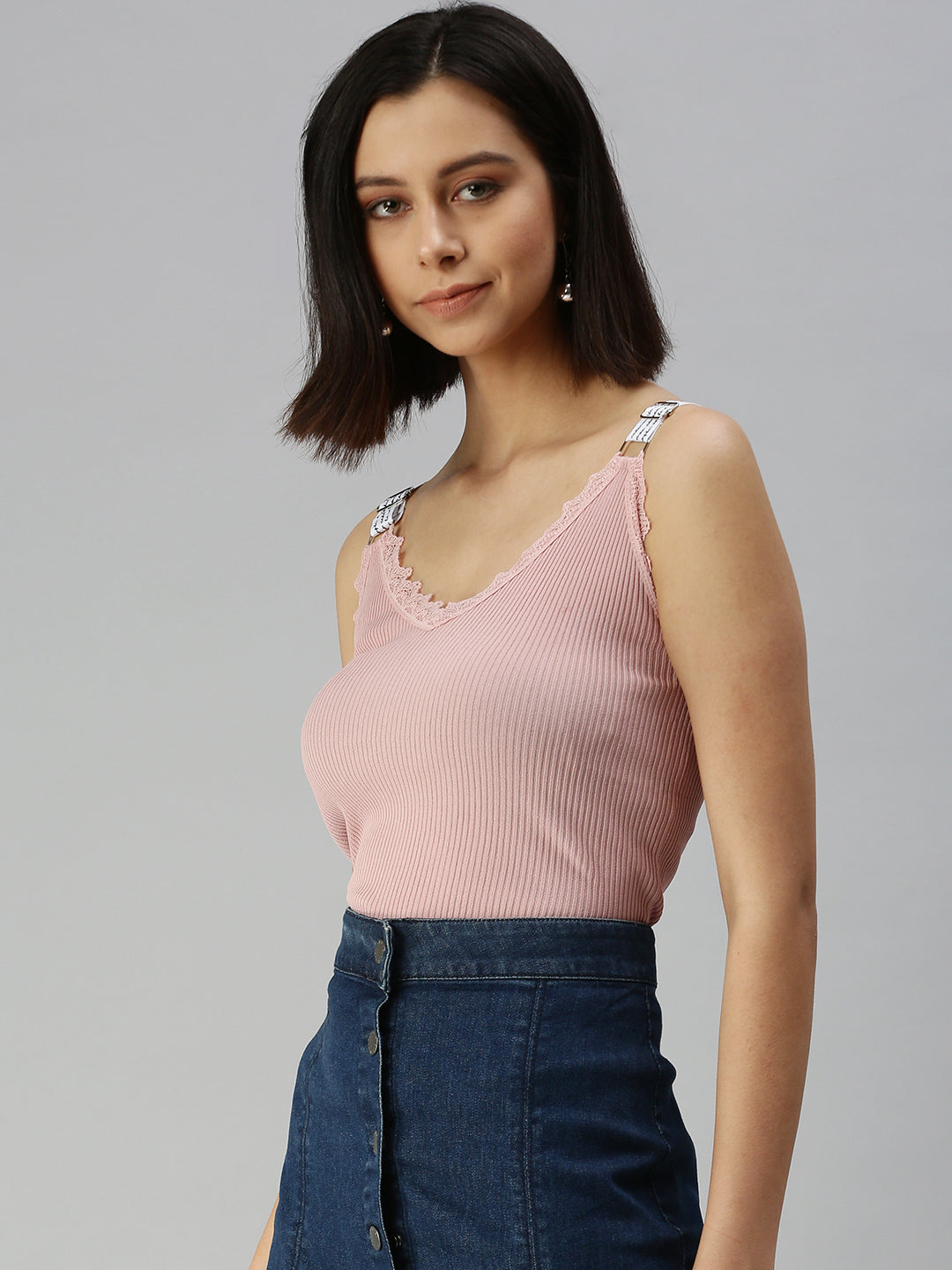 Women V-Neck Solid Taupe Fitted Top