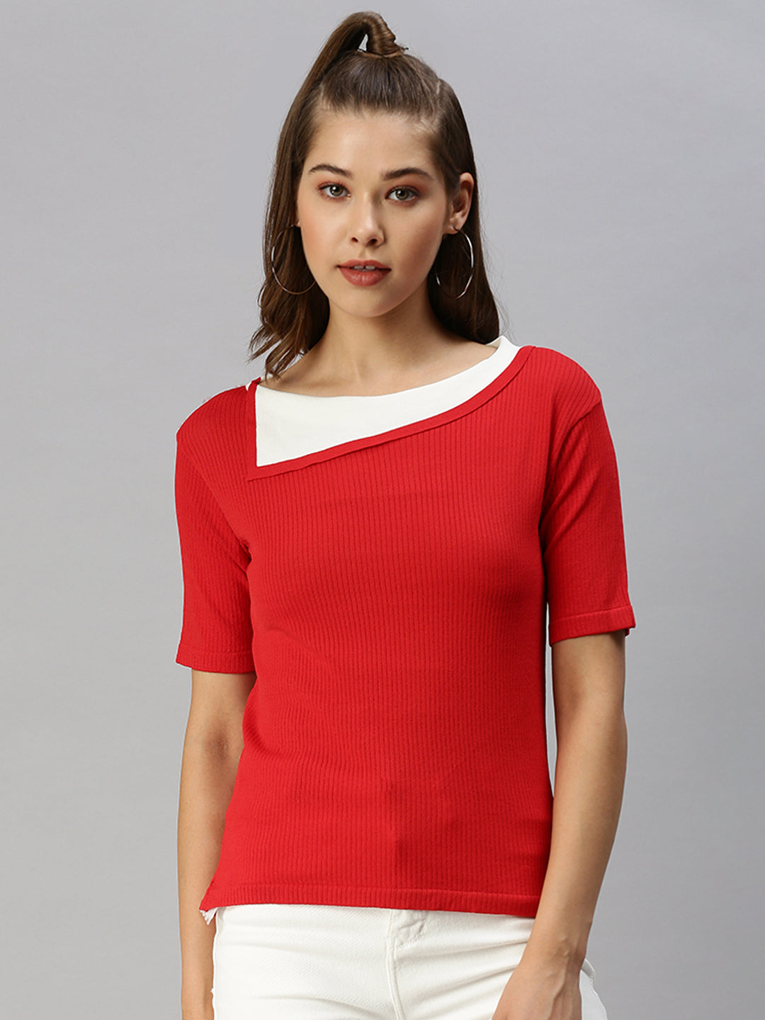 Women Boat Neck Solid Red Fitted Top