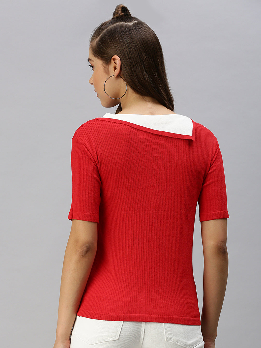 Women Boat Neck Solid Red Fitted Top