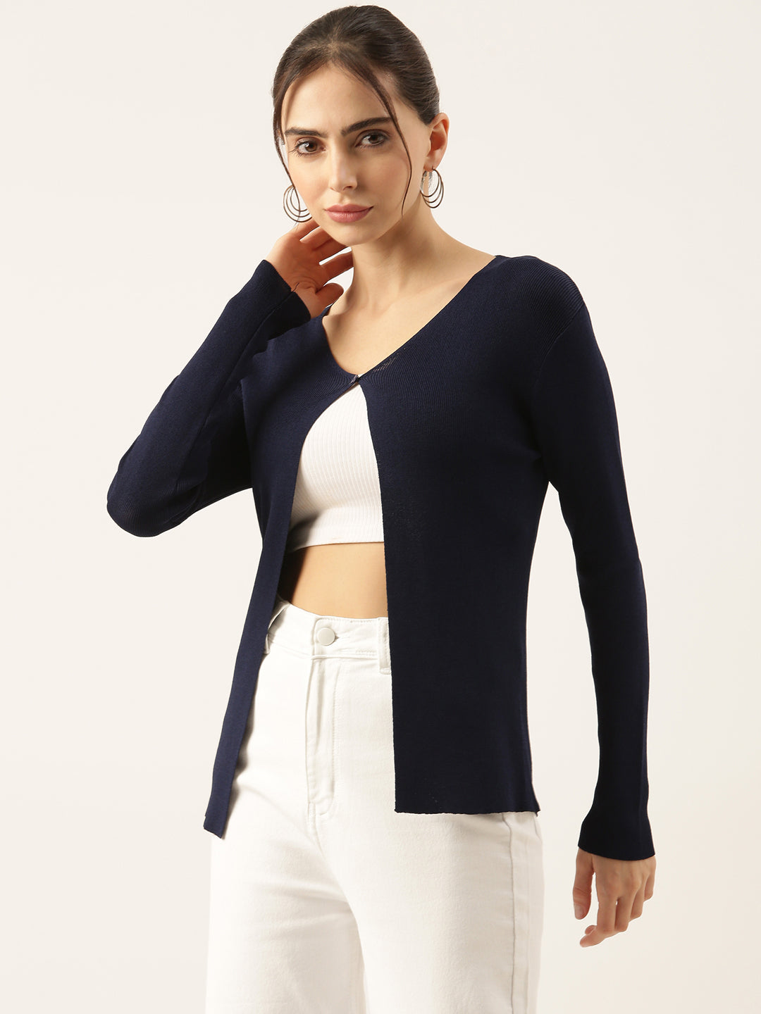 Women Navy Blue Solid Shrug