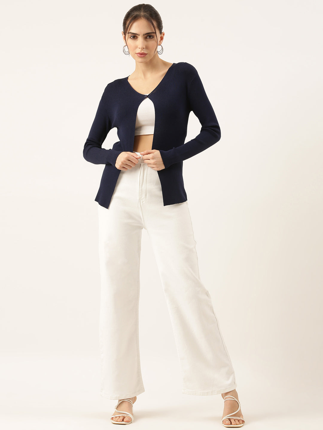 Women Navy Blue Solid Shrug