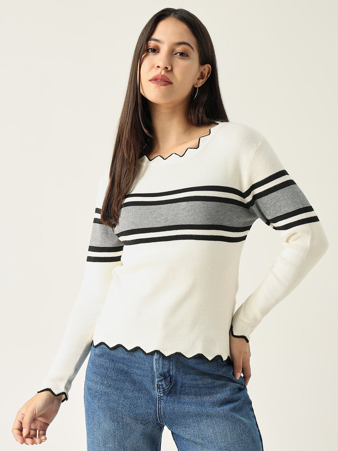 Women Striped Grey Fitted Top