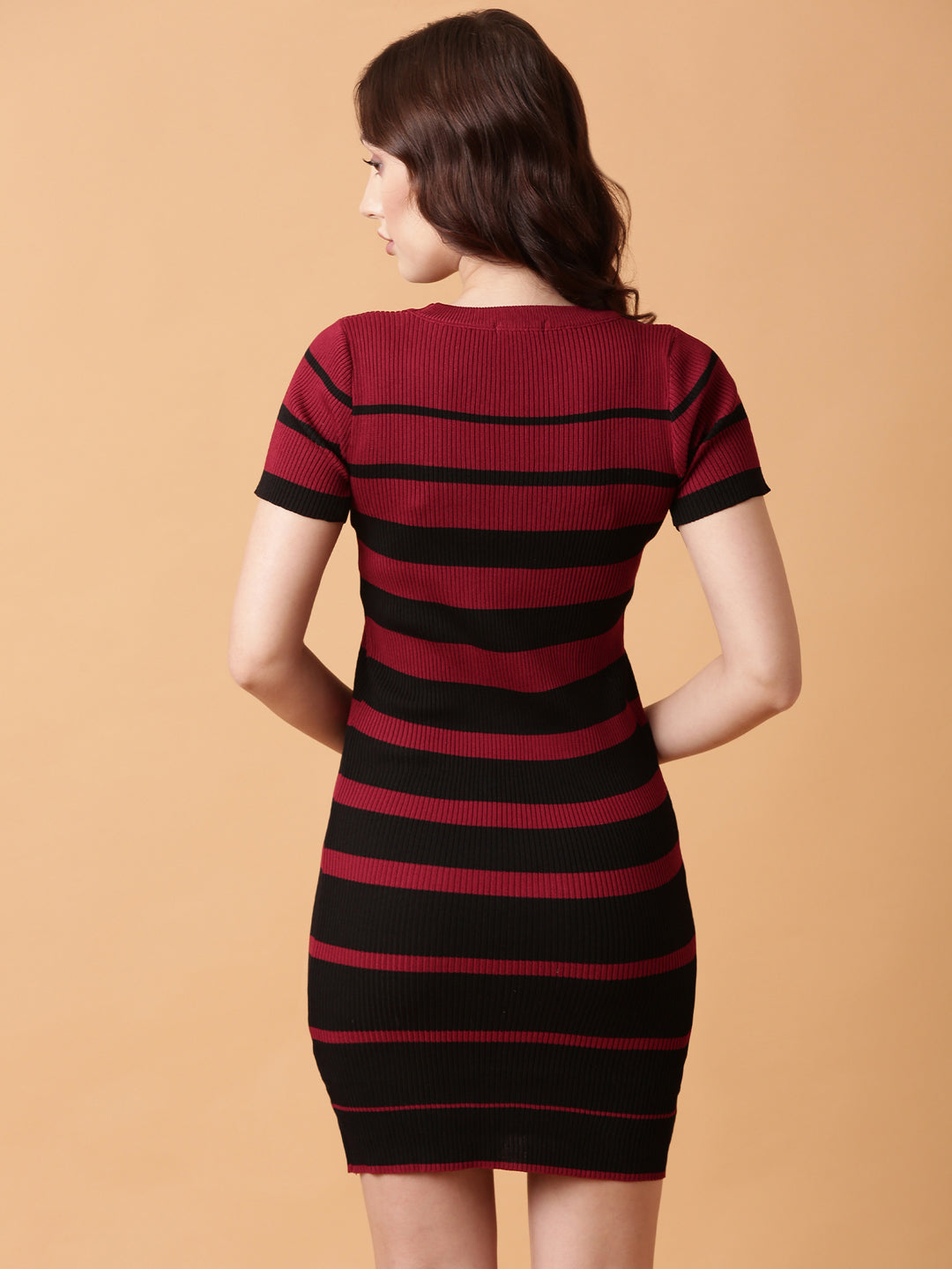 Women Maroon Striped Bodycon Dress