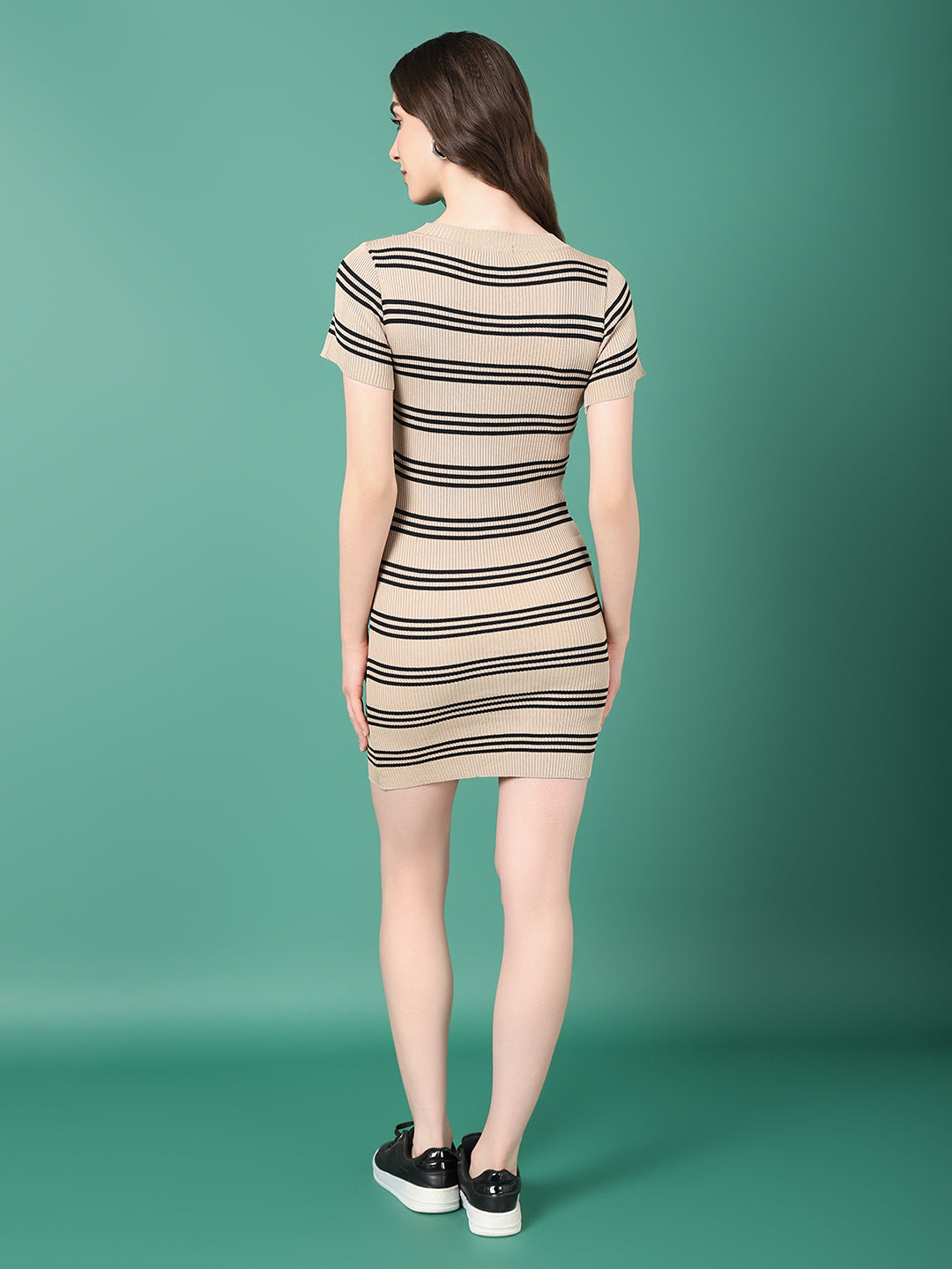 Women Beige Striped Bodycon Dress