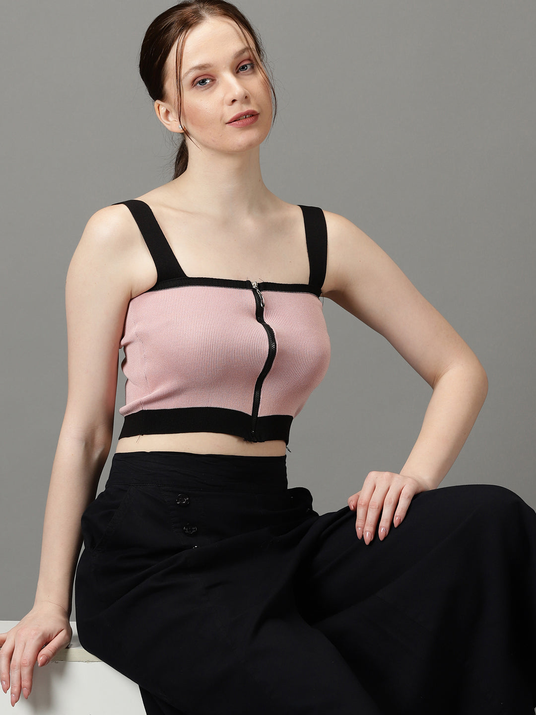 Women Shoulder Straps Colourblocked Pink Top