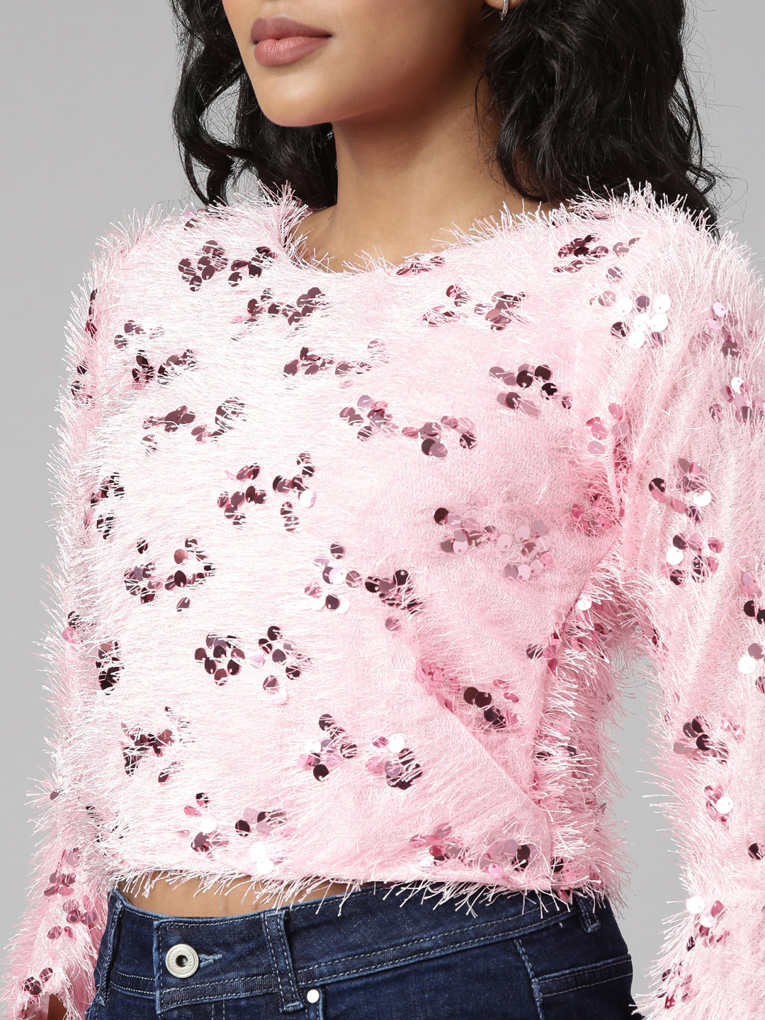 Women Pink Embellished Regular Crop Top