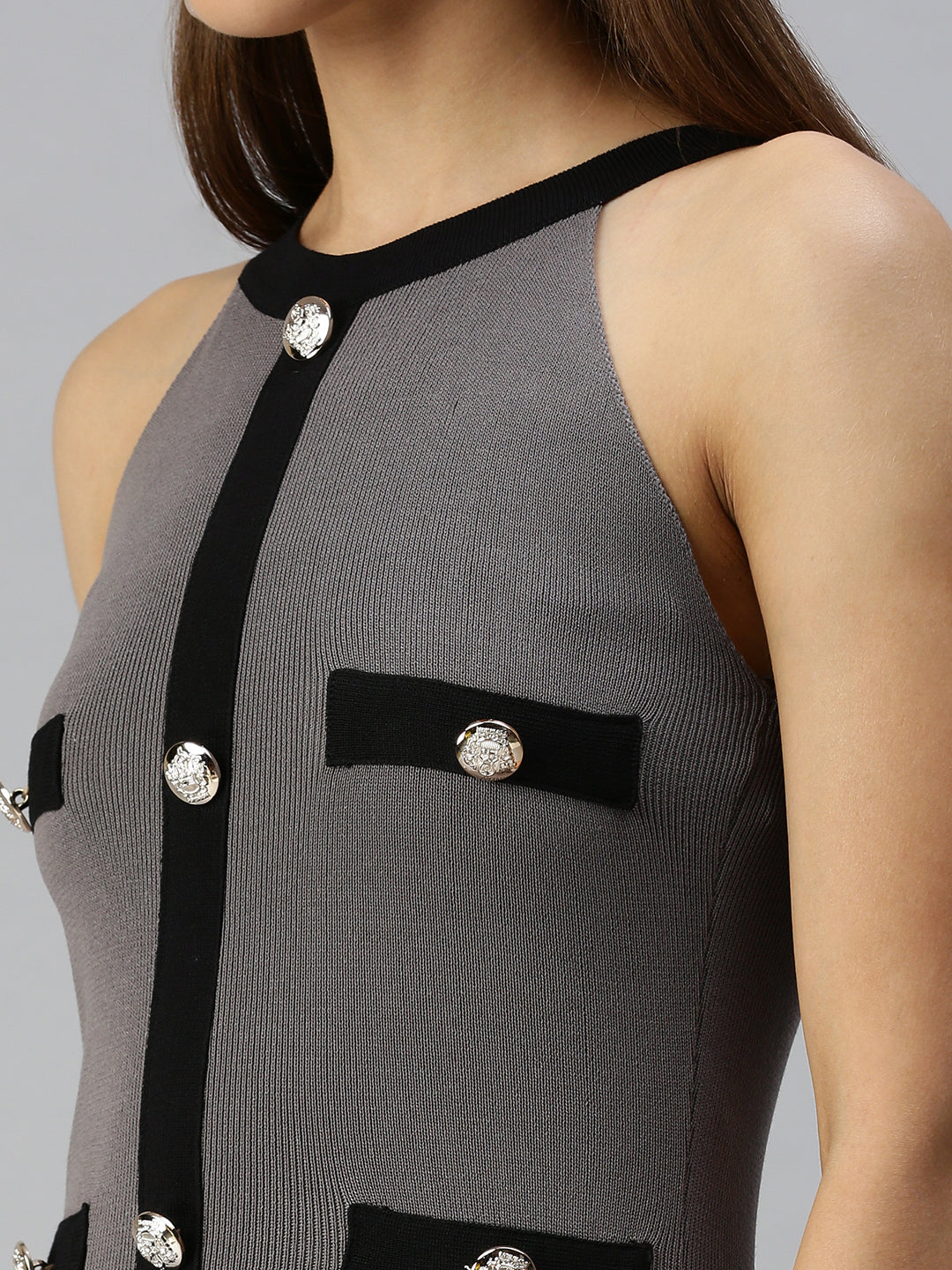 Women Shoulder Straps Solid Bodycon Grey Dress