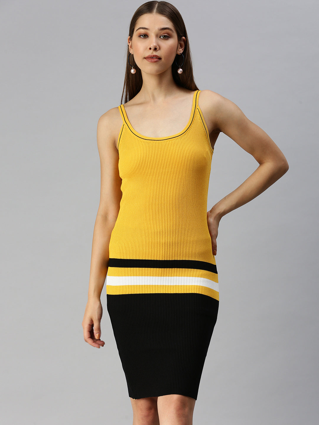 Women Shoulder Straps Solid Bodycon Yellow Dress
