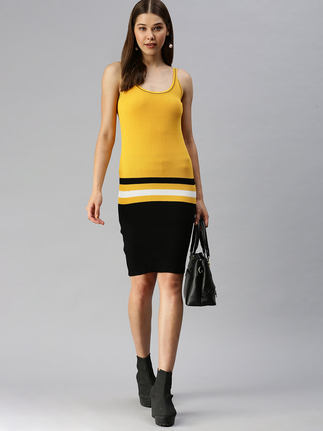 Women Shoulder Straps Solid Bodycon Yellow Dress