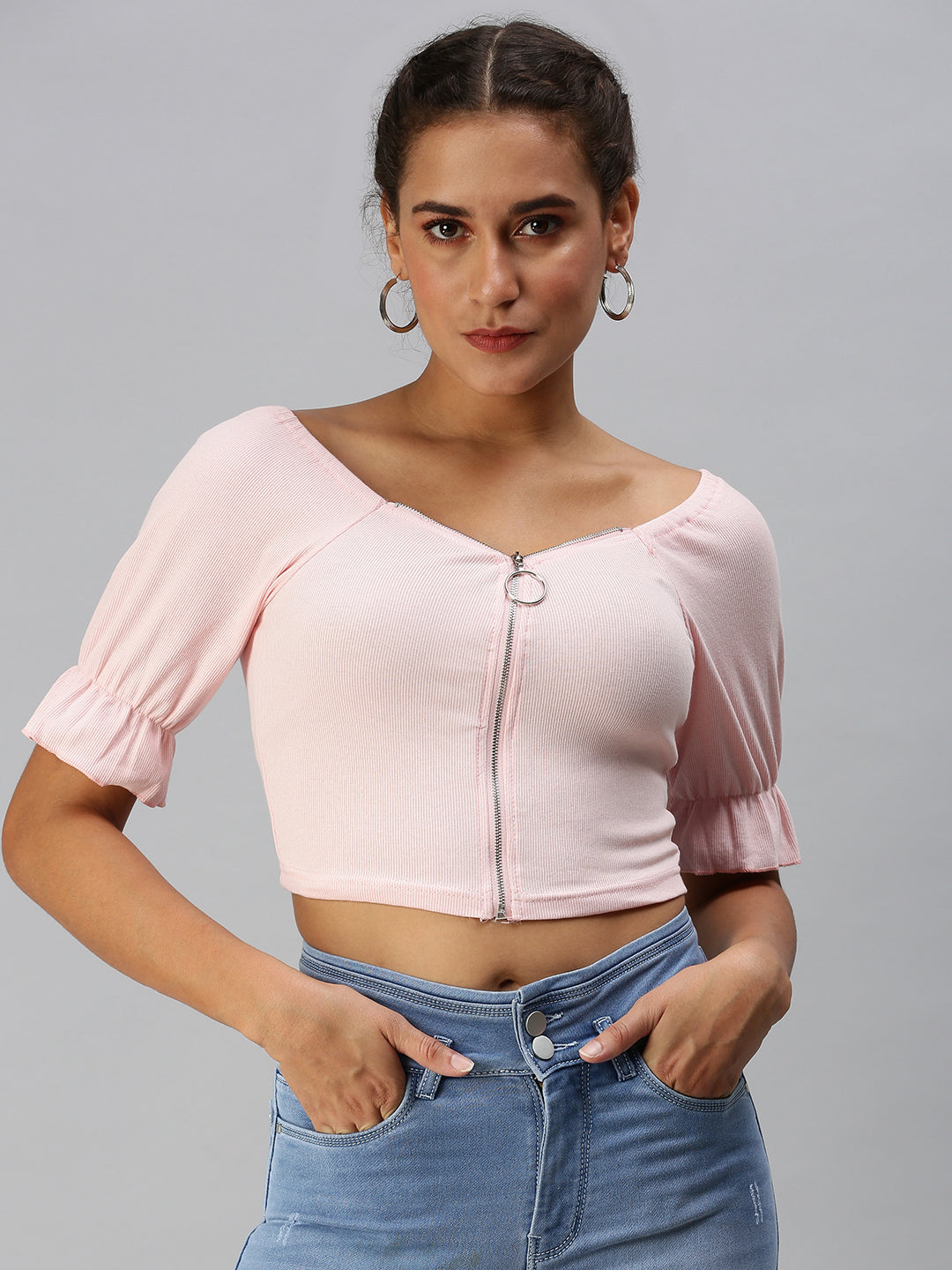 Women Sweetheart Neck Solid Pink Fitted Top