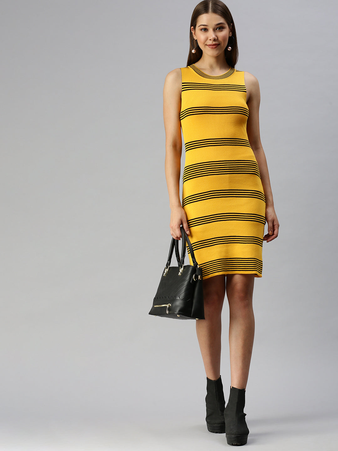 Women Striped Bodycon Yellow Dress