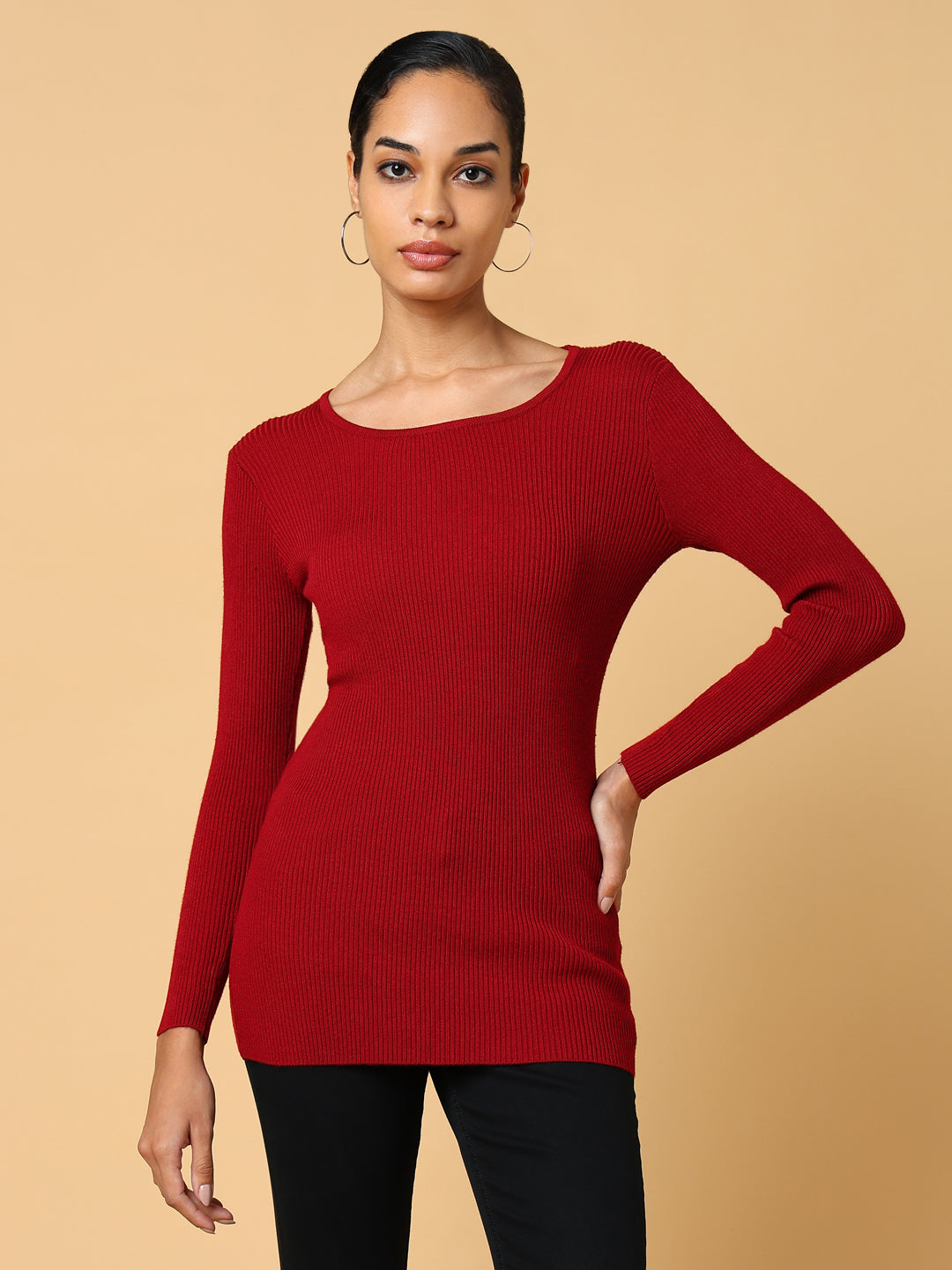 Women Solid Maroon Fitted Top