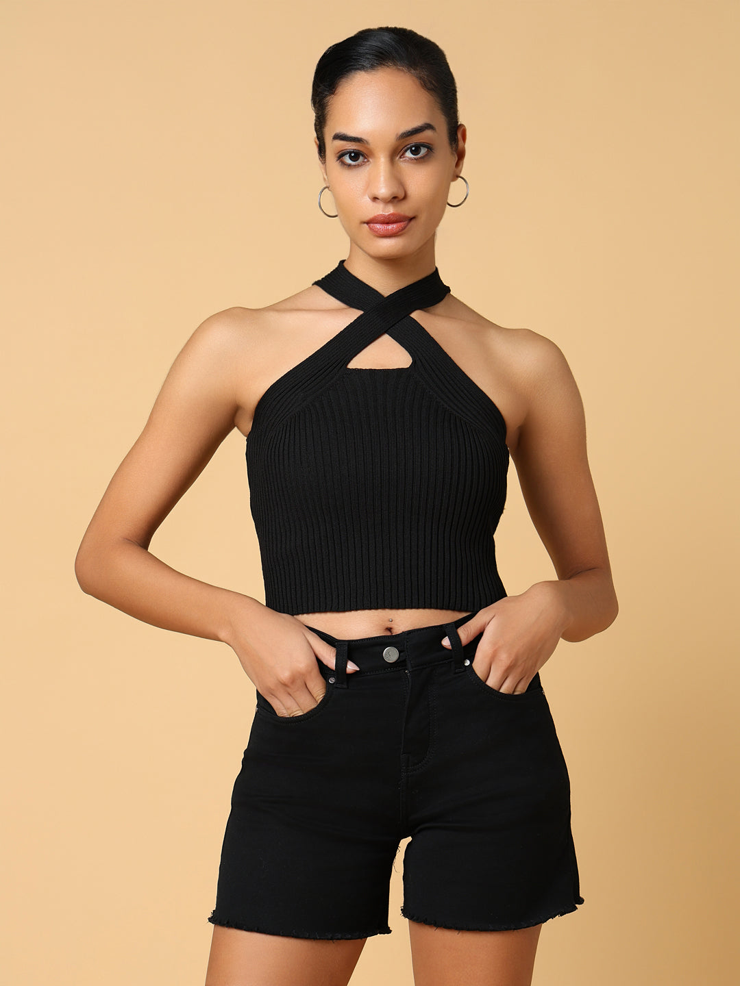 Women Solid Black Fitted Top