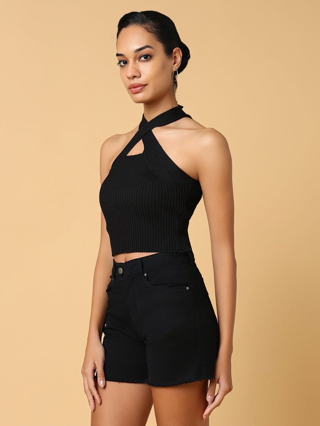 Women Solid Black Fitted Top