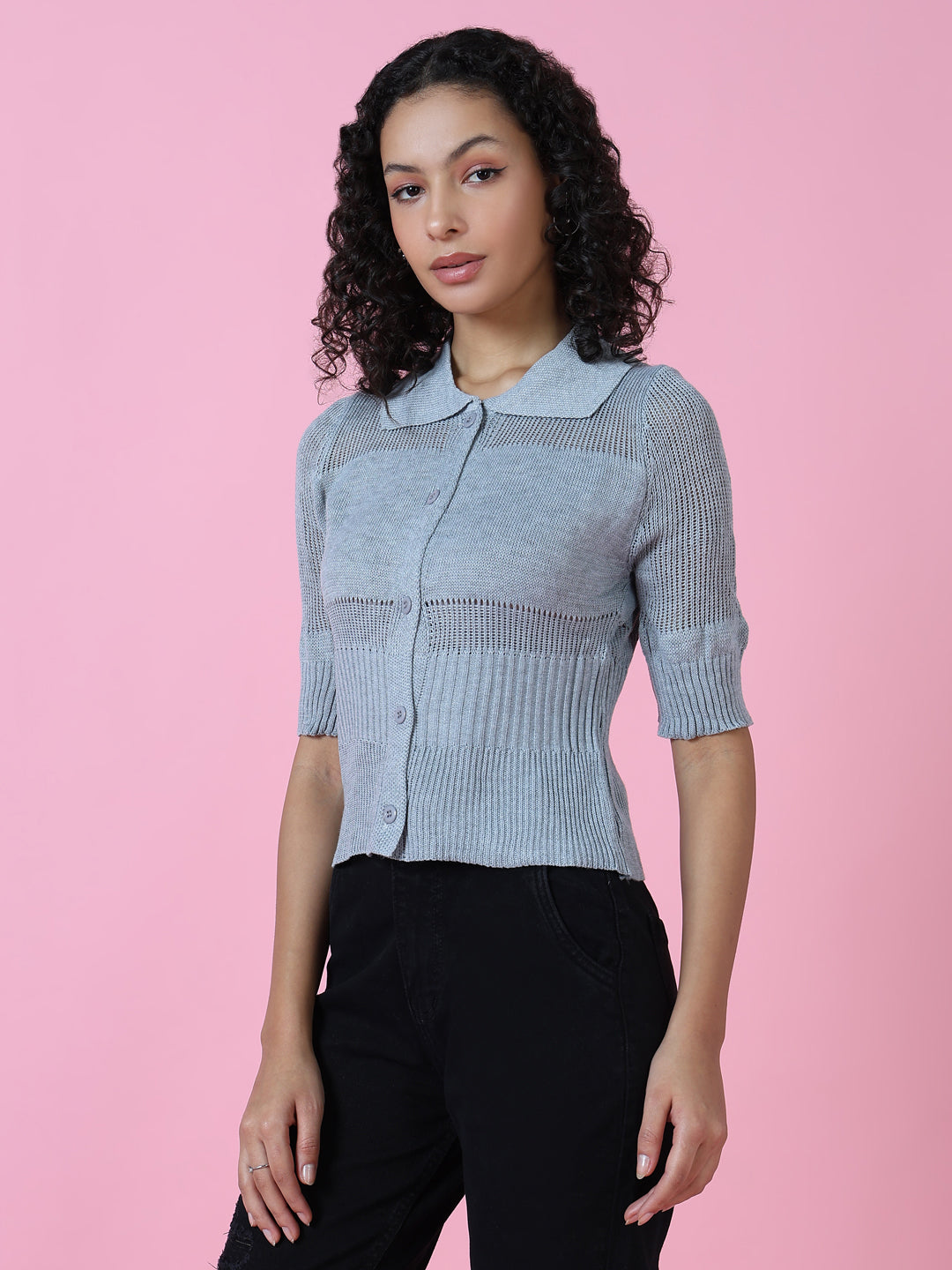 Women Grey Solid Shirt Style Top