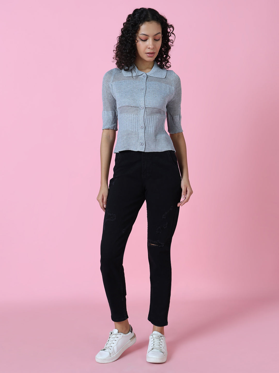 Women Grey Solid Shirt Style Top