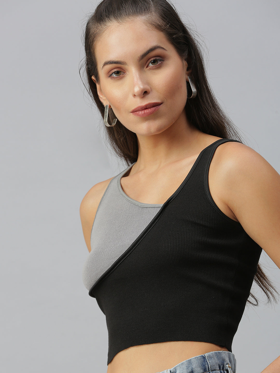 Women Shoulder Straps Solid Black Fitted Top