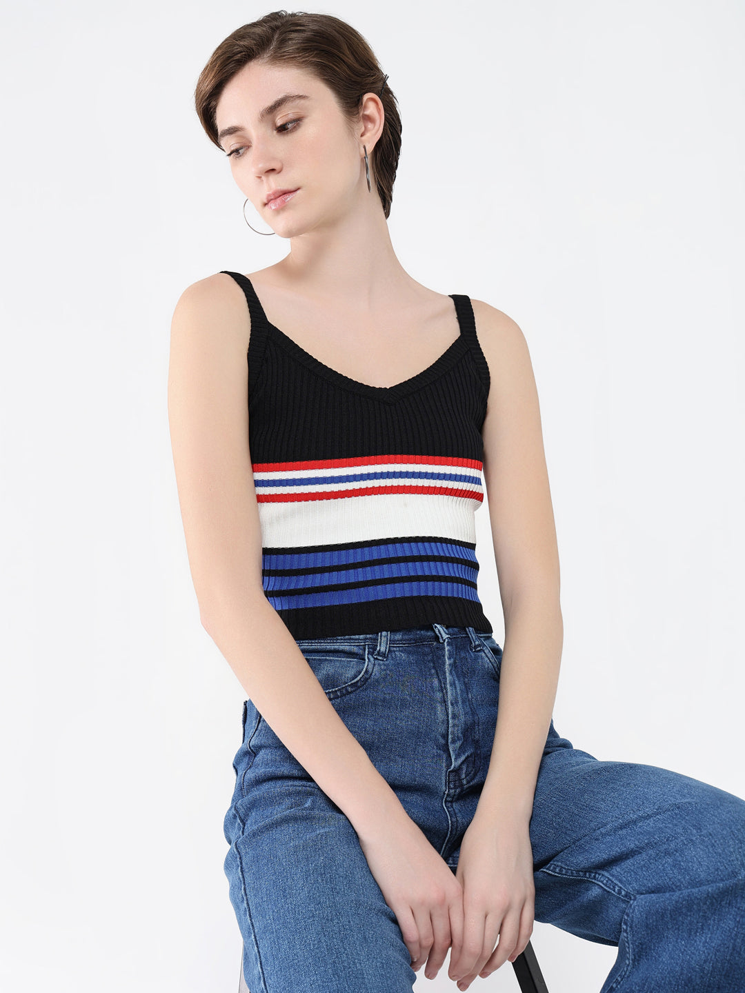 Women Striped Black Fitted Top