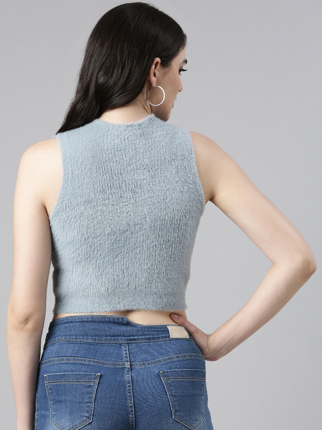 Women High Neck Solid Grey Tank Top