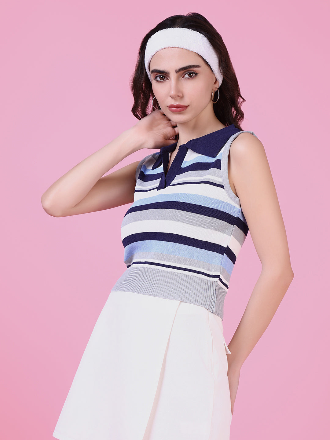 Women Navy Blue Striped Crop Top